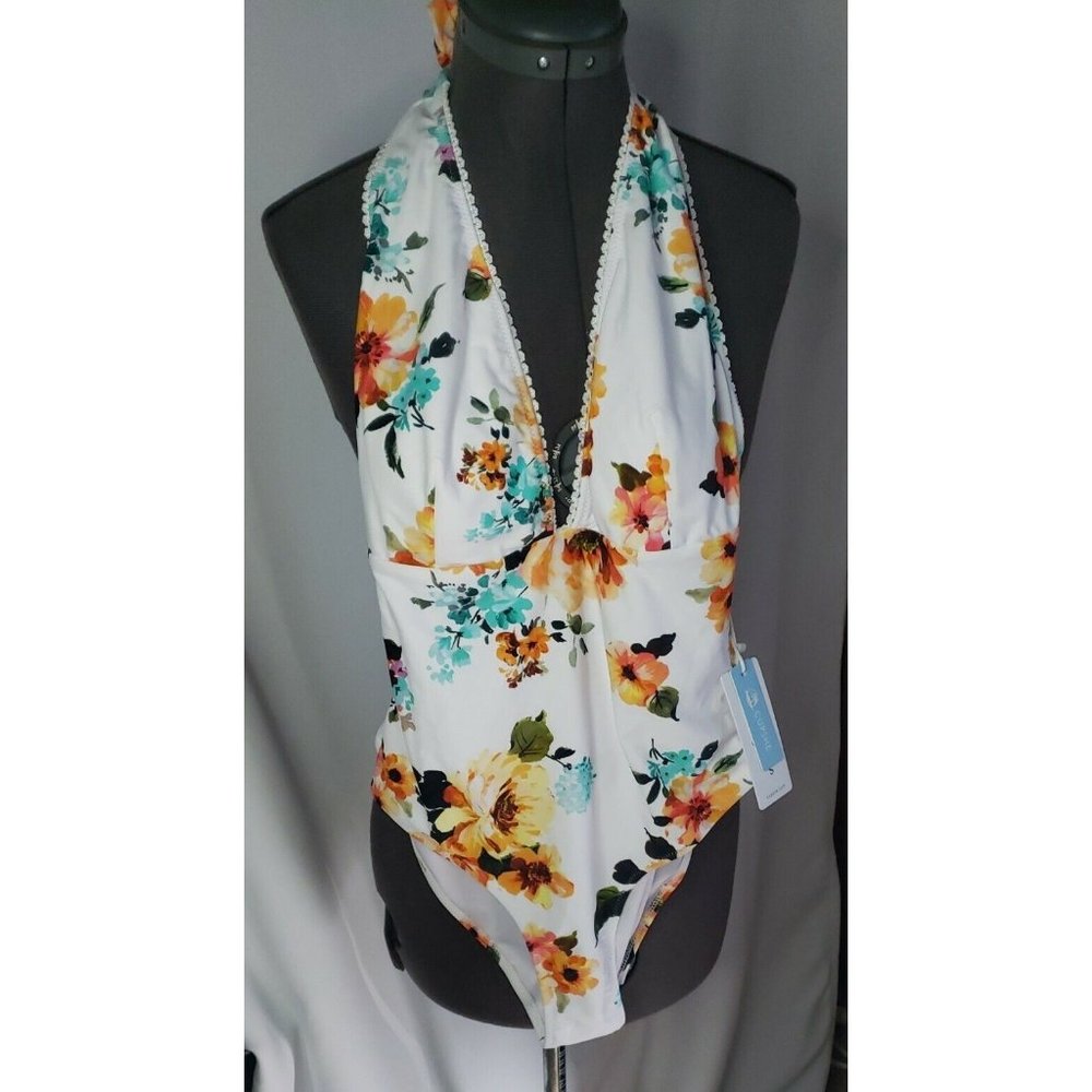 Cupshe Women's Floral Plunge Halter Tie Waist One Piece Swimsuit NWT Small